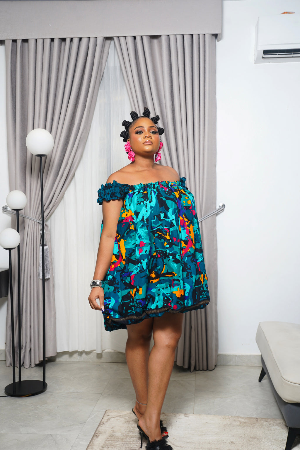 Woman wearing Boubou Ankara print dress by Selaro Luxury Wears Blue -Front