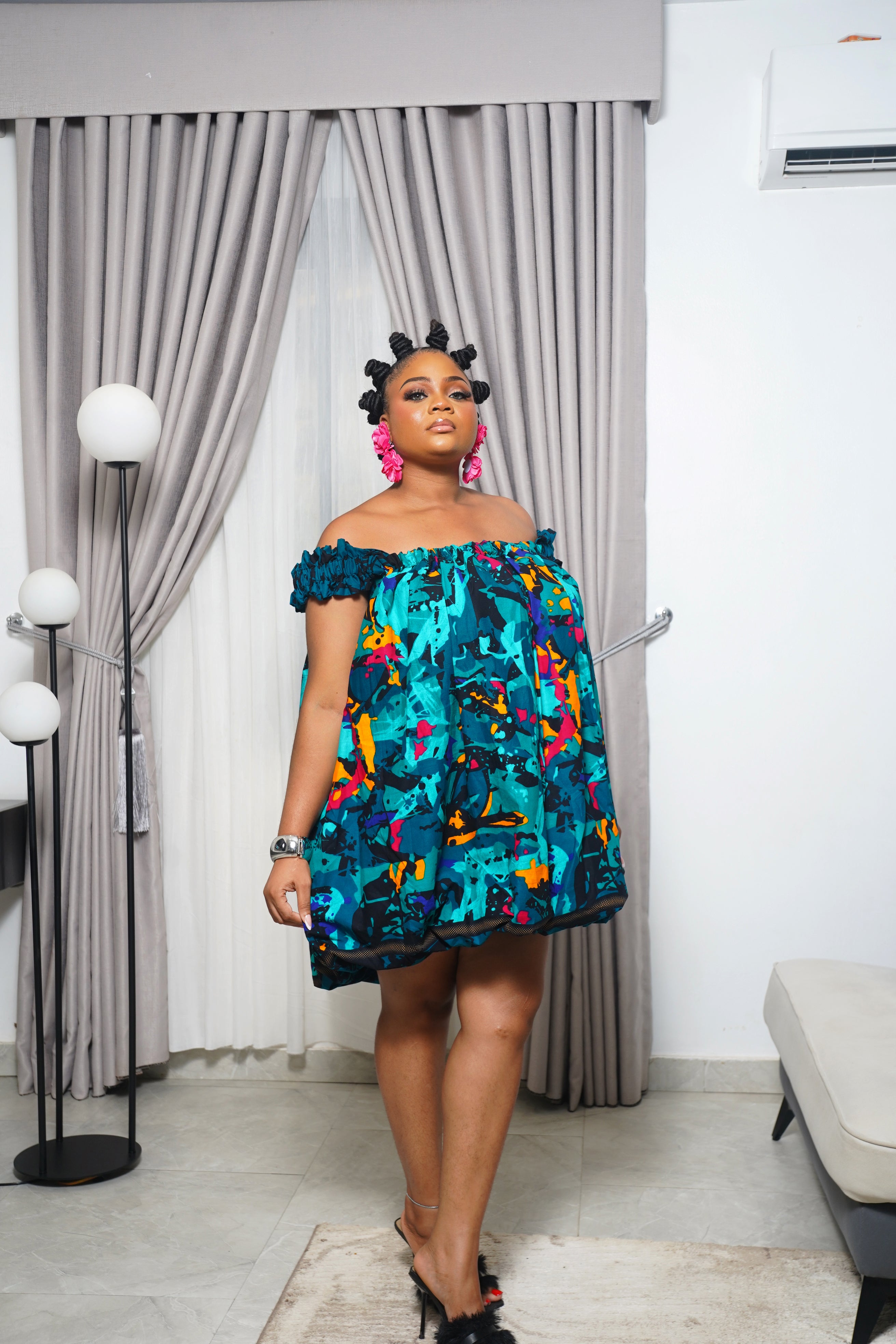 Woman wearing Boubou Ankara print dress by Selaro Luxury Wears Blue -Front