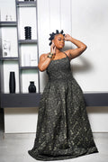 Woman wearing Black Ankara maxi dress by Selaro Luxury Wears